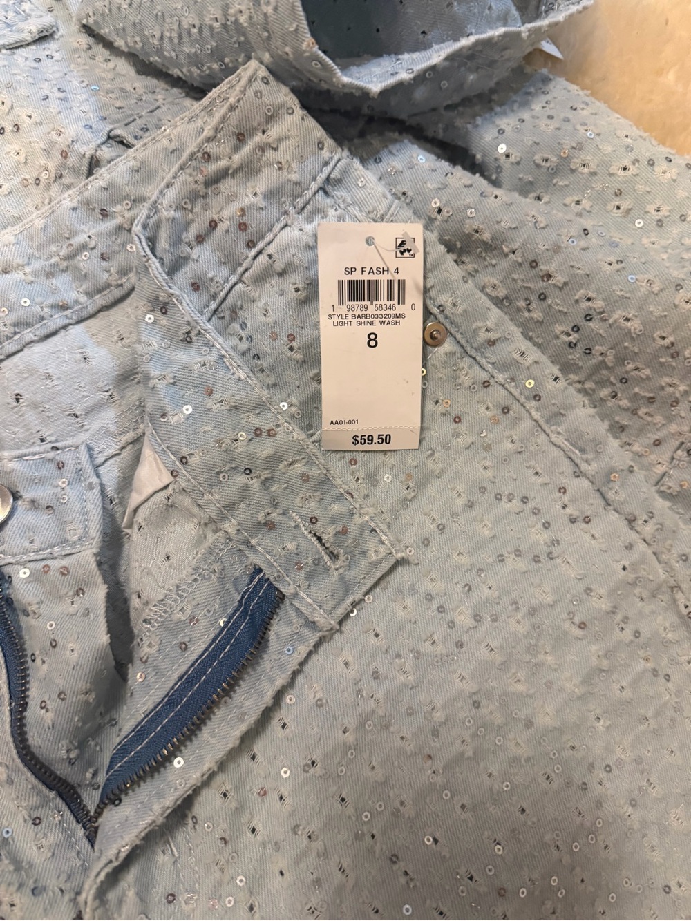 Bar III Light Blue Sequin High-Rise Denim Shorts and Jacket Set - Picture 5 of 7